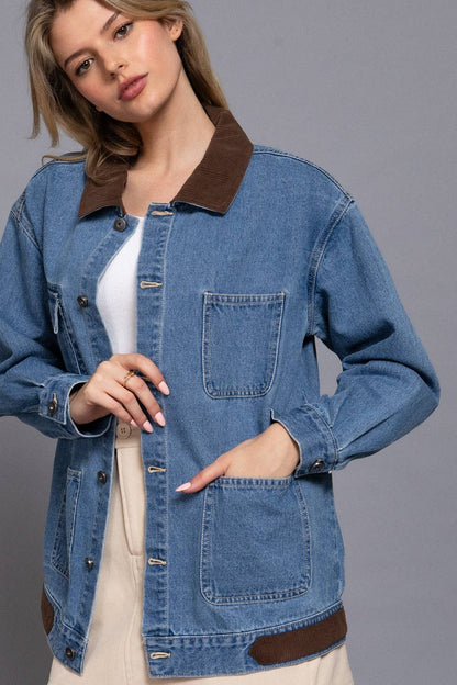 LONG SLEEVE CONTRAST COLLAR DENIM JACKET