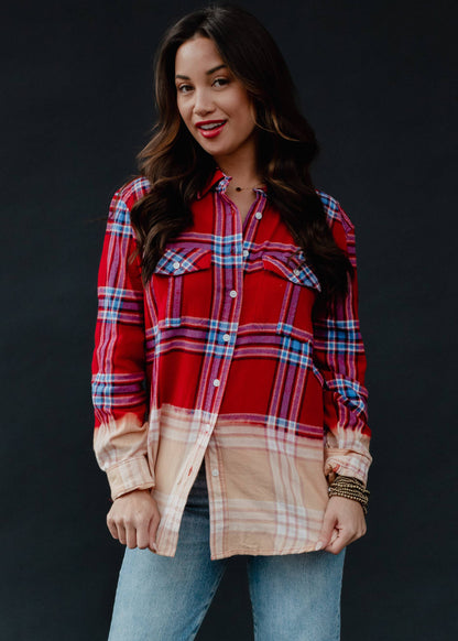 PLAID RED + BLUE BLEACHED FLANNEL