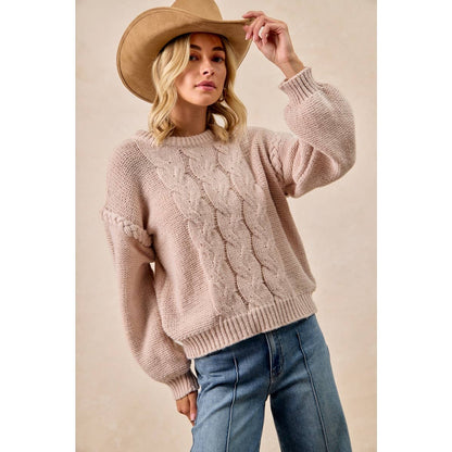 CABLE KNIT SWEATER TOP WITH SHOULDER BRAID DETAIL