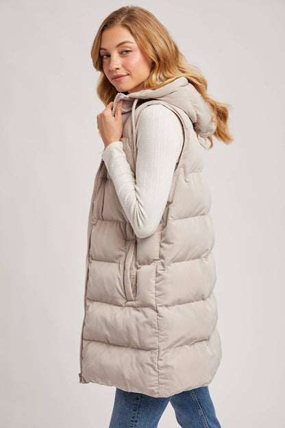 BLACK OR BEIGE HOODED ZIPPER DOWN LONGLINE PUFFER VEST
