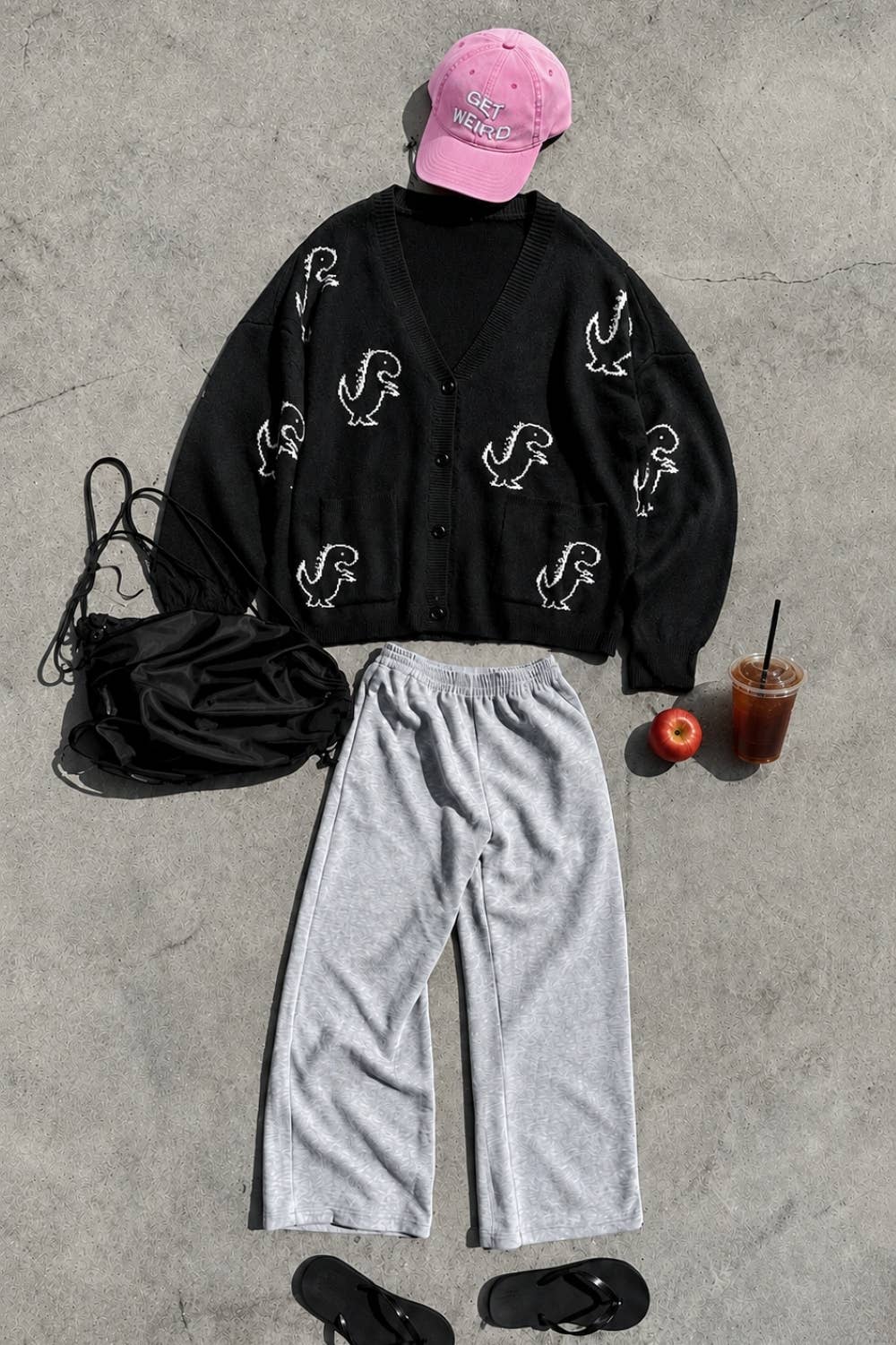 JADE BY JANE - DINOSAUR PATTERN KNIT CARDIGAN: BLACK / S/M