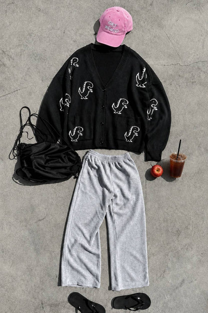 JADE BY JANE - DINOSAUR PATTERN KNIT CARDIGAN: BLACK / L/XL