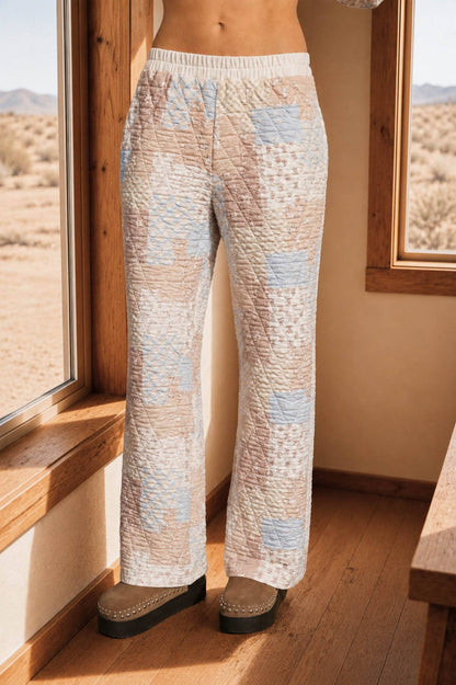 Blu Pepper - MULTI-PATTERN QUILTED ELASTIC WAIST PANTS: KHAKI MULTI