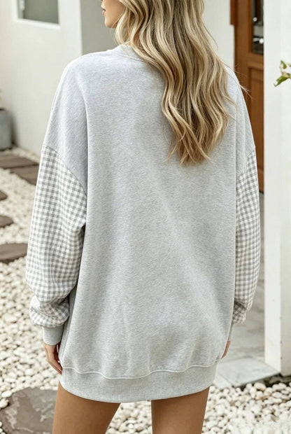 Lovesoft - Plaid Color Block Oversized Sweatshirt Casual Fall Pullover: Light Gray / 65%Polyester+30%Viscose   +5%Elastane / S