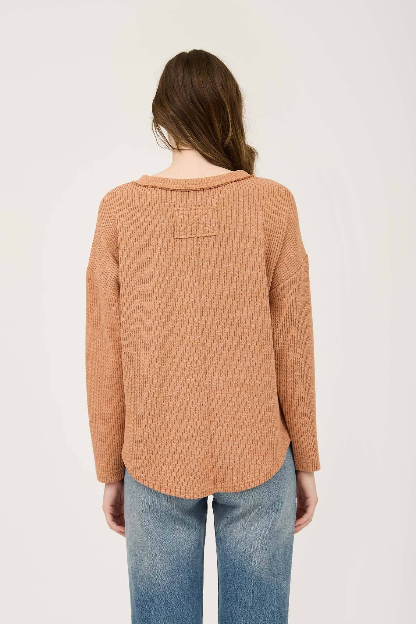 WAFFLE KNIT HENLEY LONG SLEEVE KNIT TOP