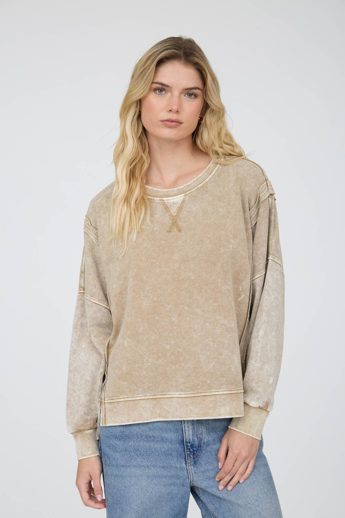 Blu Pepper - ACID WASH LONG SLEEVE SIDE SLIT KNIT TOP: INDIGO BLUE