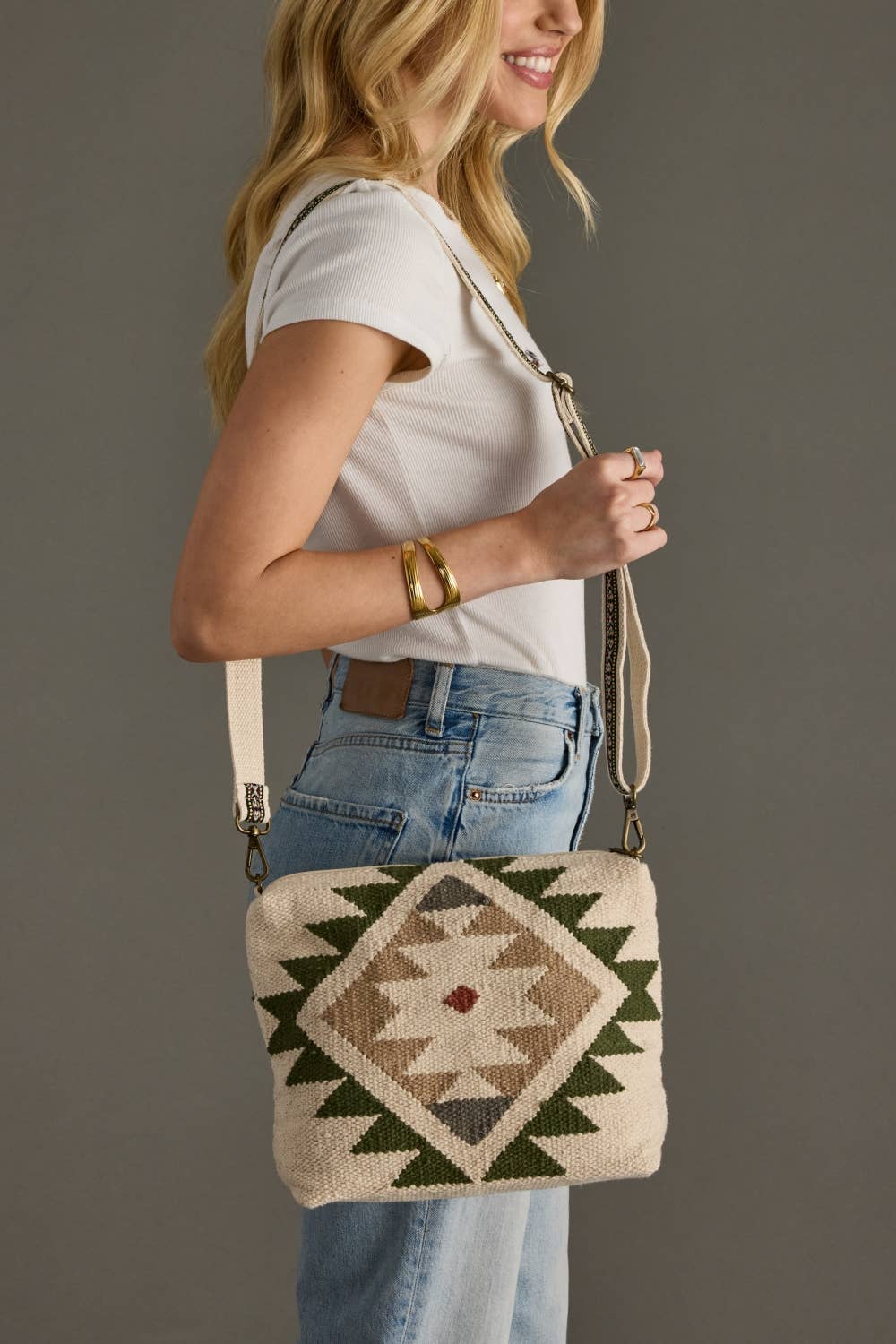 CREAM, GREEN & TAN WESTERN CROSSBODY