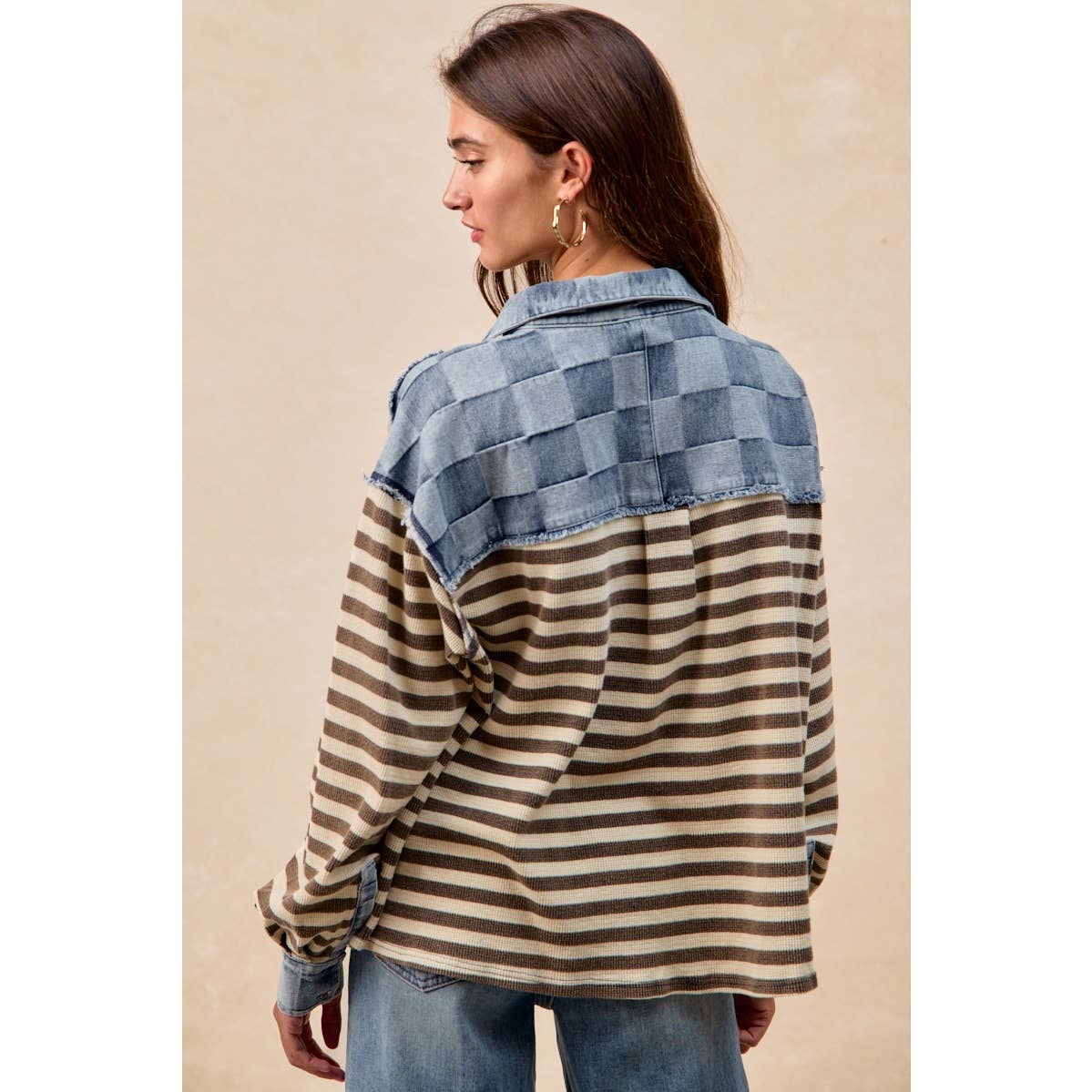 CUT EDGE CHECKER DENIM WAFFLE MIX AND MATCH TOP: OATMEAL/LATTE / L