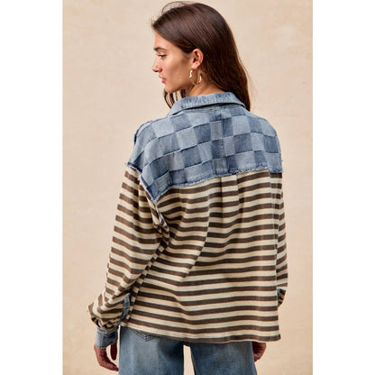 CUT EDGE CHECKER DENIM WAFFLE MIX AND MATCH TOP: OATMEAL/LATTE / L