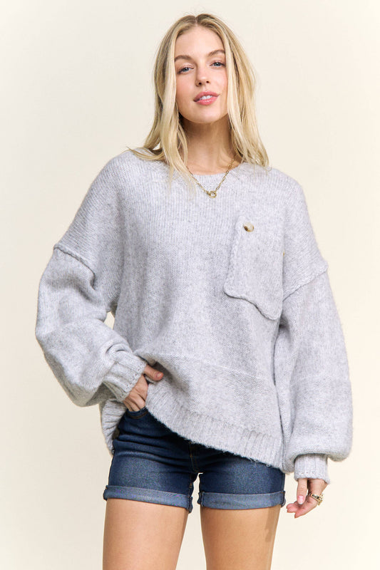ADORA LA - CESW3943- ROUND NECK LONG SLEEVES KNIT SWEATER: H GREY / S-M-L(2-2-2)