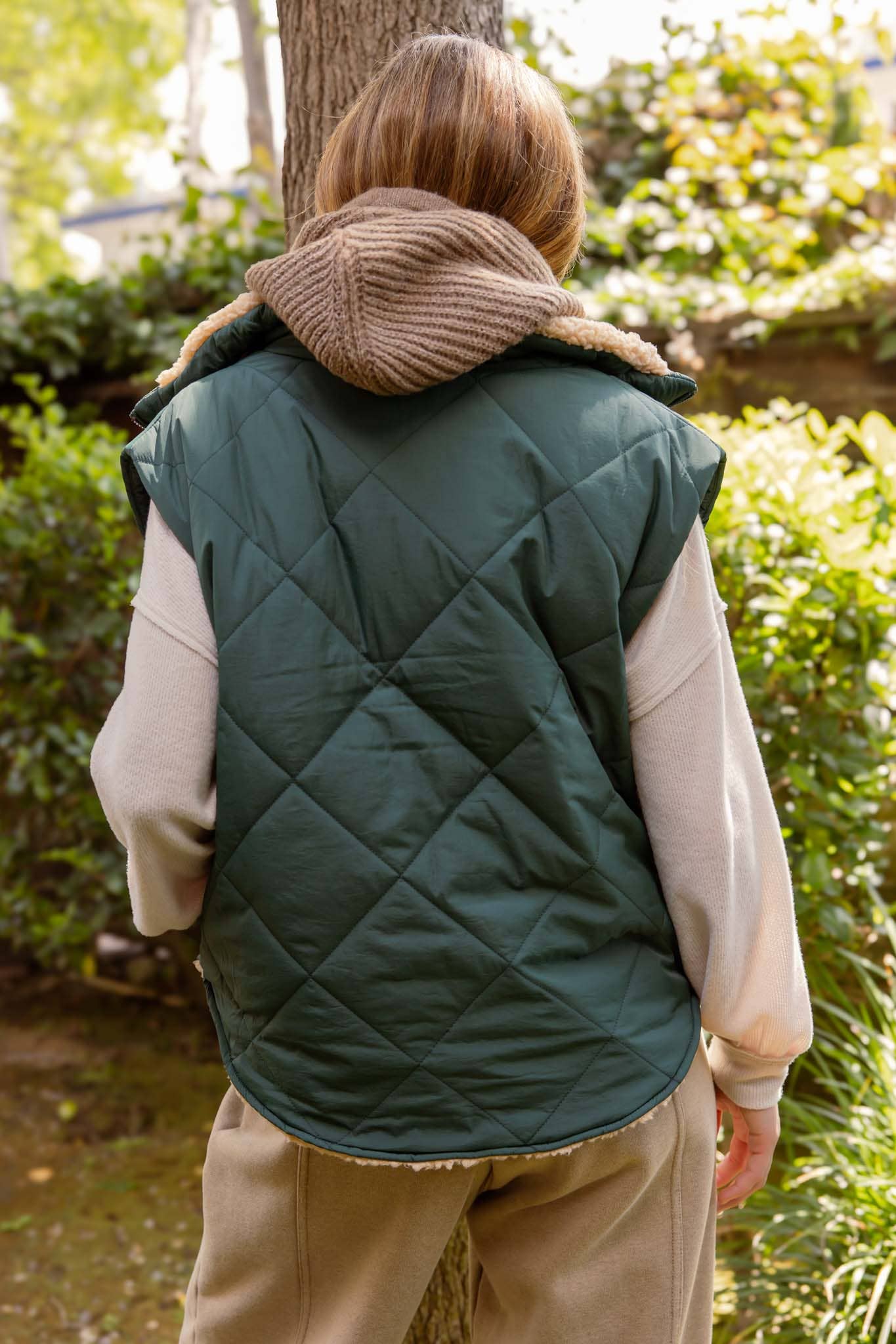 QUILTED ZIP UP FLEECE LINED PUFFER VEST HUNTER GREEN