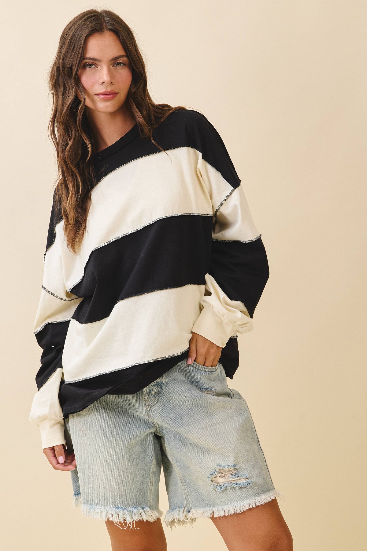 AEMI + CO - 8551GN Oversized Color Block Long Sleeve Pullover: Terracotta Butter / Contemporary / S