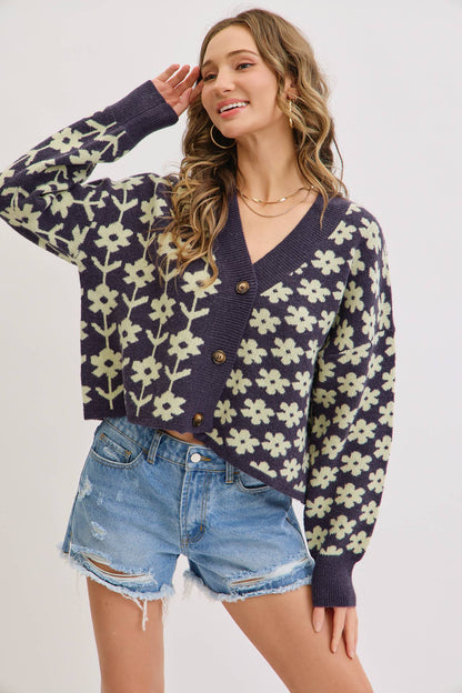 COZY PLAYFUL CASUAL FLORAL PRINT SWEATER KNIT CARDIGAN