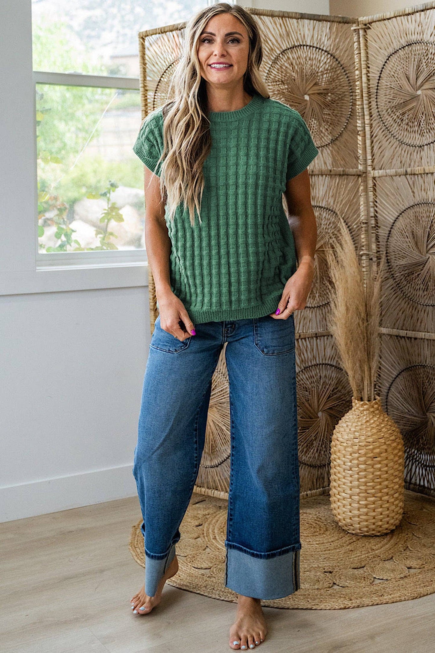 MIST GREEN ROUND NECK SHORT SLEEVE SWEATER TOP
