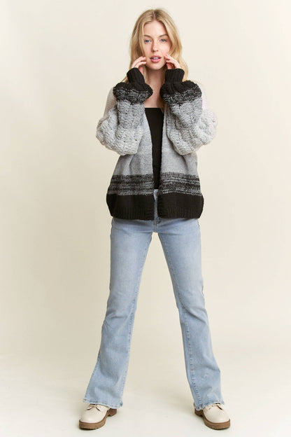 PUFF SLEEVES OMBRE SWEATER CARDIGAN: GREY