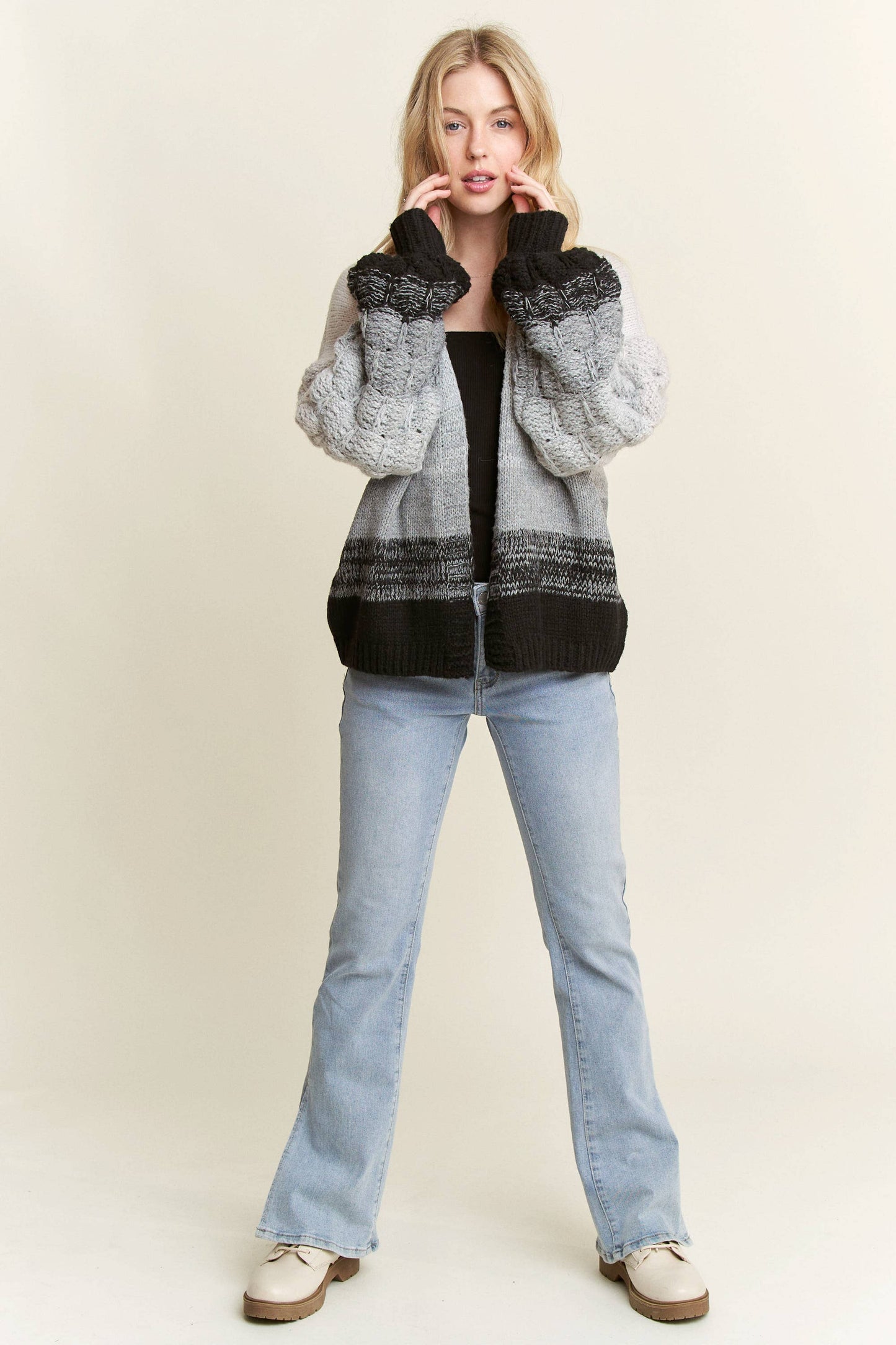 PUFF SLEEVES OMBRE SWEATER CARDIGAN: COFFEE