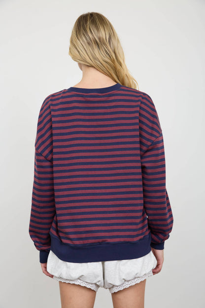 STRIPE V STITCH DETAIL LONG SLEEVE KNIT TOP: NAVY