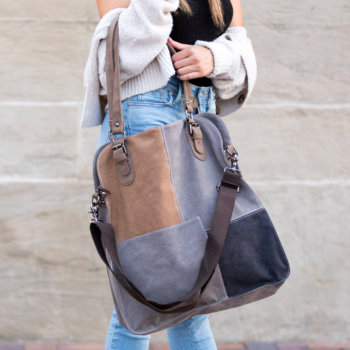 Aili's Corner - Colorblock Messenger Bag: Gray/Tan/Black