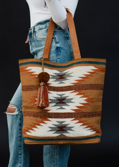 BROWN, RUST + TEAL AZTEC TOTE