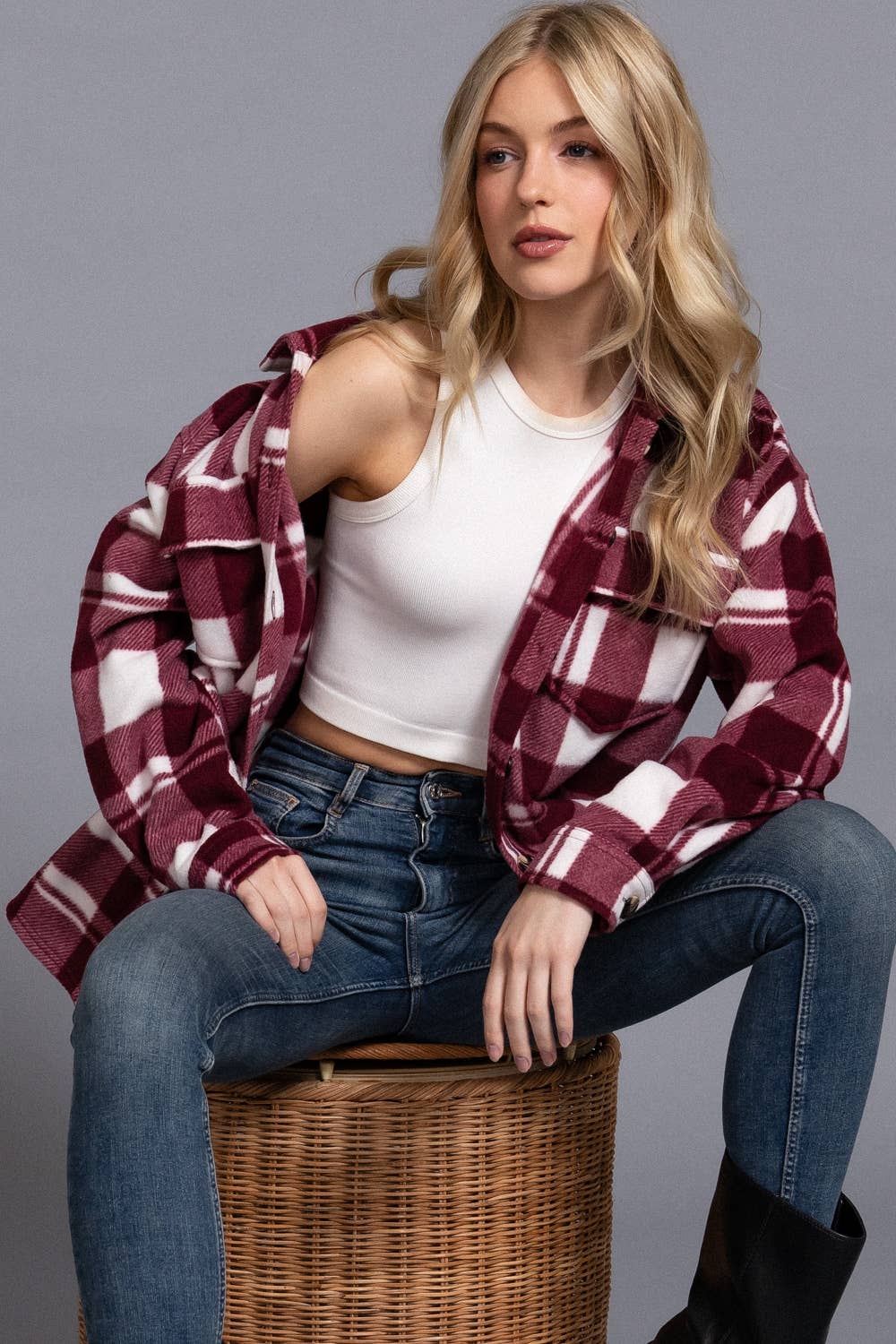 LONG SLEEVE CHECK PRINTED FLEECE SHACKET
