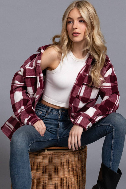 LONG SLEEVE CHECK PRINTED FLEECE SHACKET