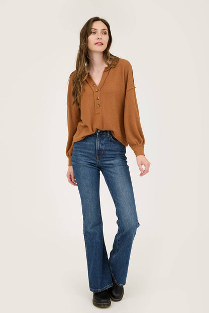 SIENNA V NECK HALF BUTTON LONG SLEEVE KNIT TOP