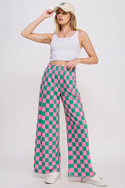 JADE BY JANE - HIGH WAIST CHECKERED STRAIGHT LEG KNIT PANTS: PINK/BROWN / XL