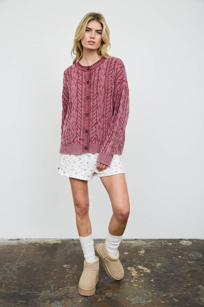 Blu Pepper - WASHED PATTERN CABLE KNIT BUTTON DOWN CARDIGAN: LIGHT KHAKI