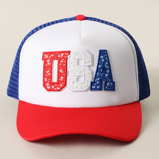 USA FLORAL LETTER PATCH TRUCKER BASEBALL CAP