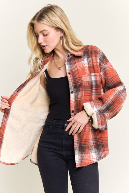 ADORA LA - CEJ4140-PLAID SHERPA-LINED BUTTON DOWN SHACKET: Navy / S-M-L(2-2-2)