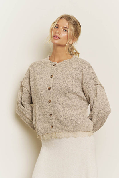 LACE TRIM EXPOSED SEAM BUTTON DOWN KNIT CARDIGAN: OATMEAL