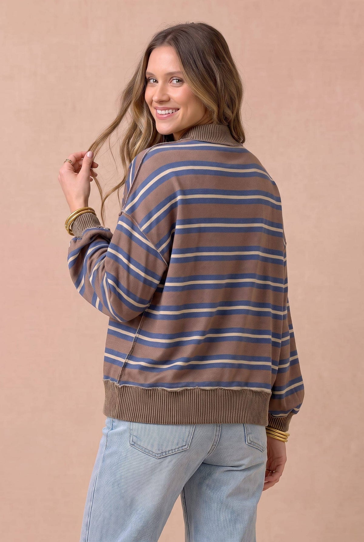 Haptics - Striped Mock Neck Balloon Sleeve Knit Top: MOCHA / S