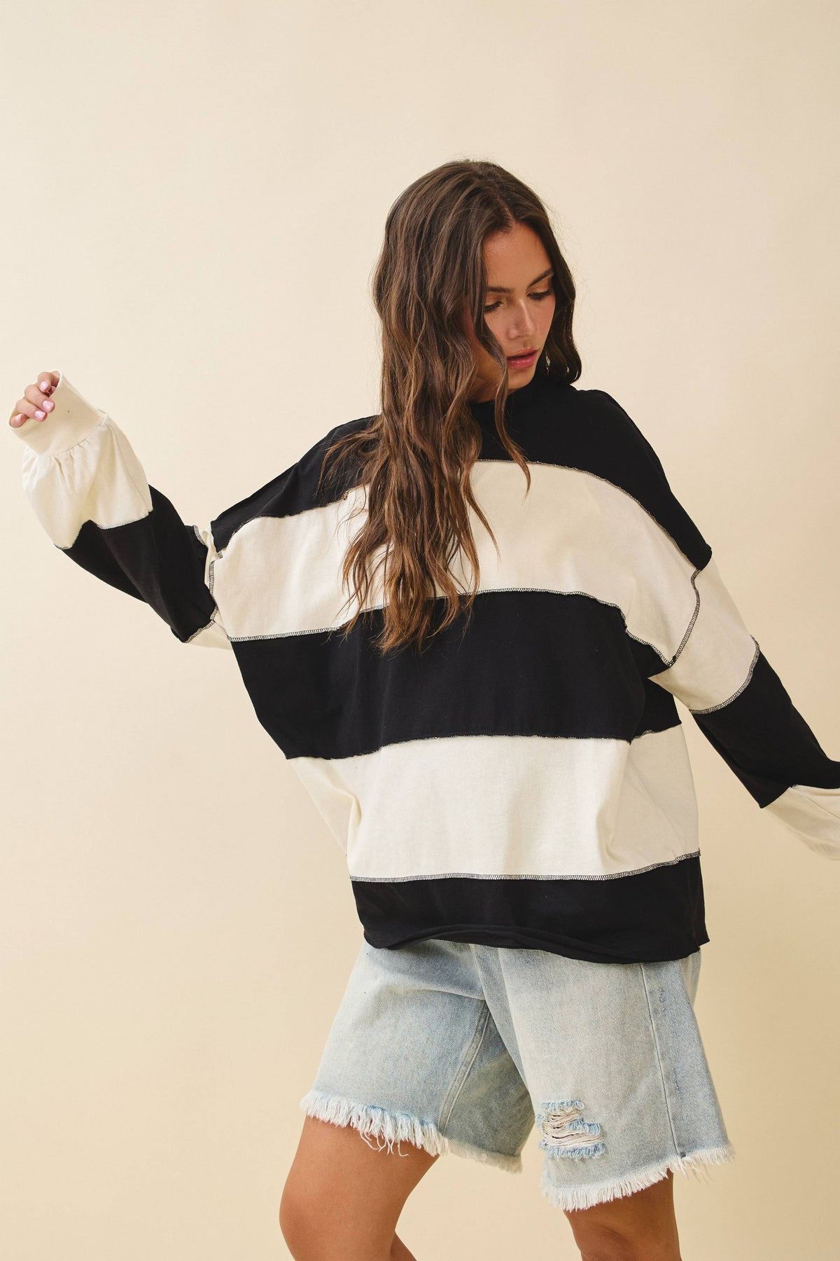 AEMI + CO - 8551GN Oversized Color Block Long Sleeve Pullover: Terracotta Butter / Contemporary / S