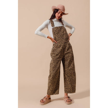 LEOPARD TWILL SLOUCHY BARREL OVERALLS JUMPSUIT
