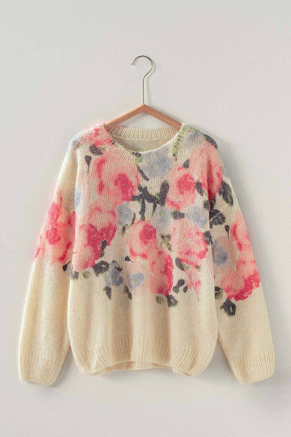 OVERSIZED FLORAL PRINT SOFT KNIT SWEATER