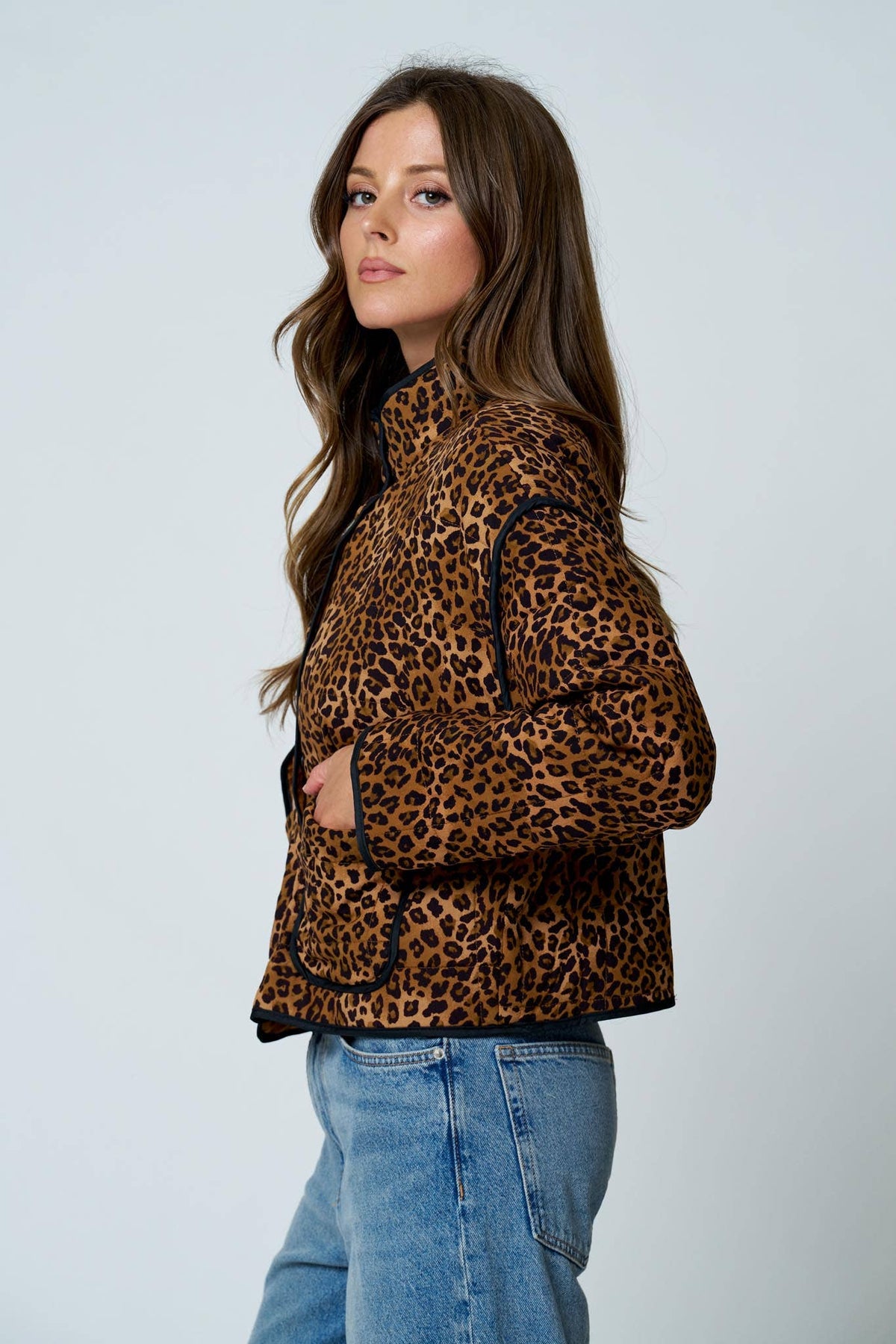 Blu Pepper - LEOPARD PRINT SNAP BUTTON JACKET: BROWN MULTI