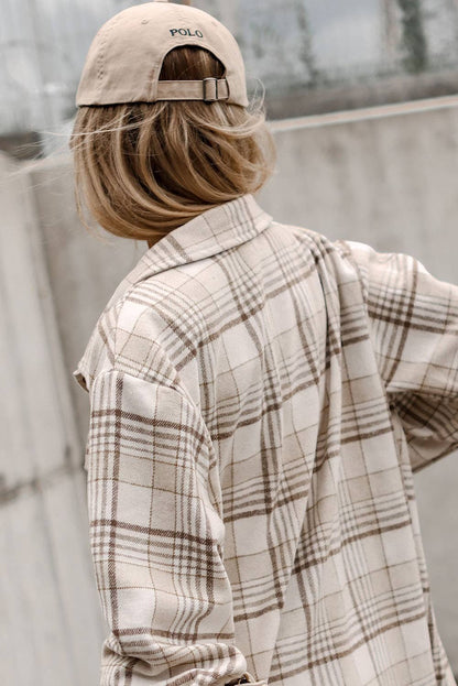 KHAKI PLAID HOODED BUTTON SHACKET