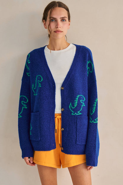 JADE BY JANE - DINOSAUR PATTERN KNIT CARDIGAN: BLACK / L/XL