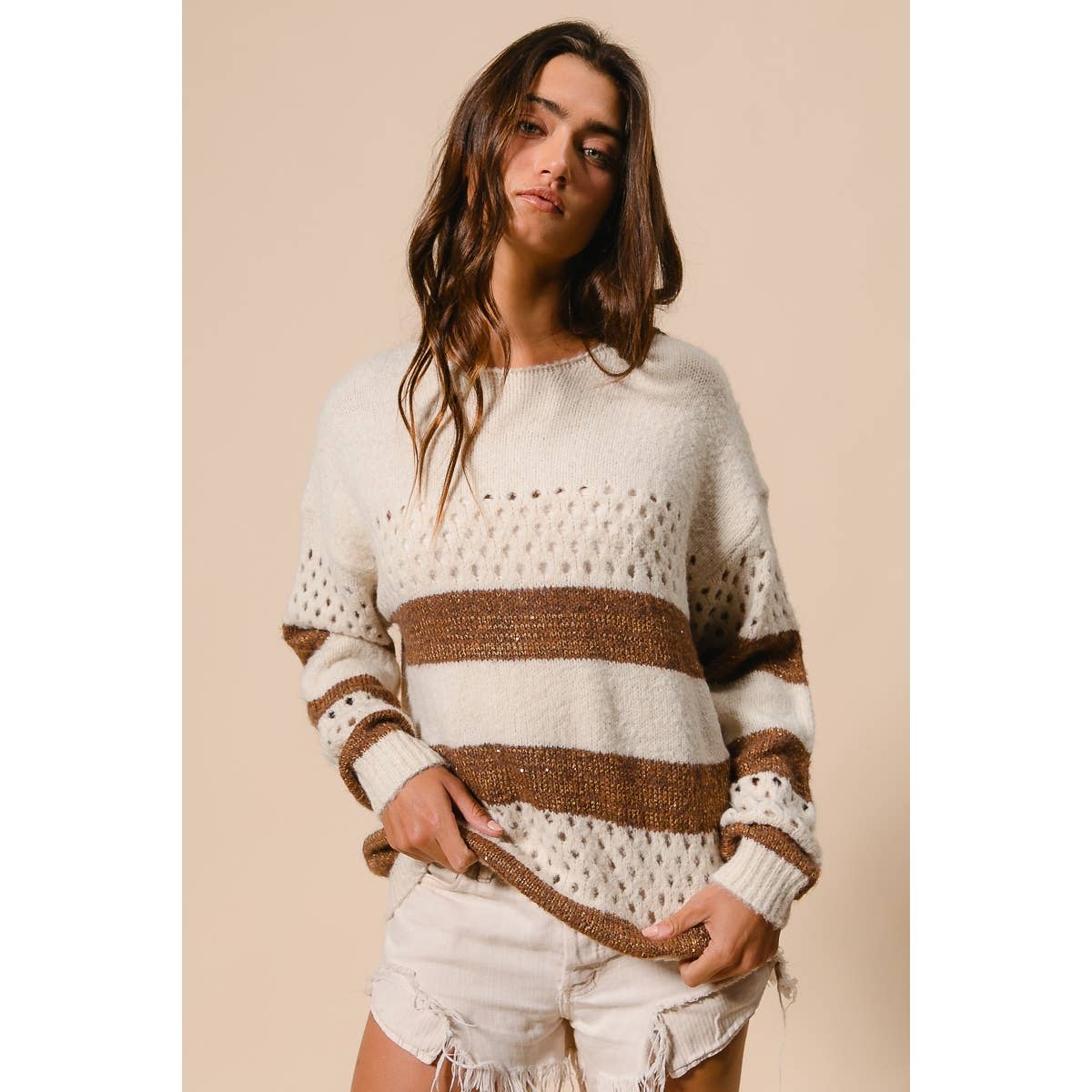 BiBi - STRIPE PATTERNED SWEATER TOP: IVORY/BROWN / M