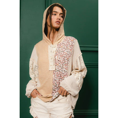 SLUB JERSEY WITH LACE COMBO BUTTONED HOODIE TOP