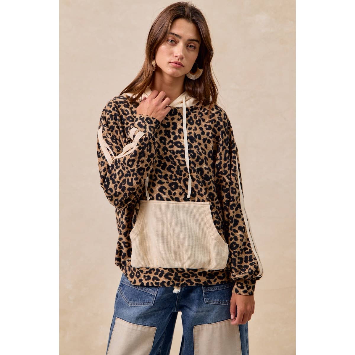 BiBi - WAFFLE THERMAL AND LEOPARD MIX AND MATCH HOODIE: LEOPARD/OATMEAL / L