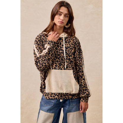 BiBi - WAFFLE THERMAL AND LEOPARD MIX AND MATCH HOODIE: LEOPARD/OATMEAL / L