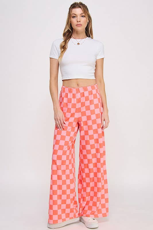 JADE BY JANE - HIGH WAIST CHECKERED STRAIGHT LEG KNIT PANTS: PINK/BROWN / XL