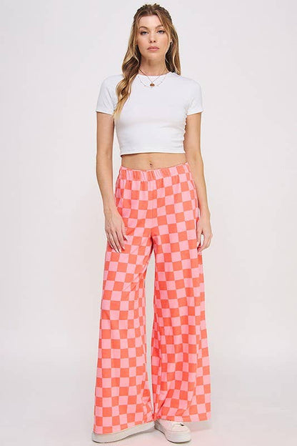 JADE BY JANE - HIGH WAIST CHECKERED STRAIGHT LEG KNIT PANTS: PINK/BROWN / XL