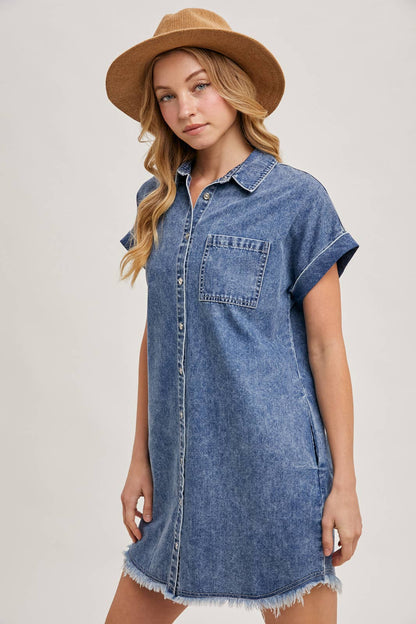 Bluivy - FRAYED HEM DENIM SHIRT DRESS: MED.WASH / M