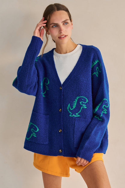 JADE BY JANE - DINOSAUR PATTERN KNIT CARDIGAN: BLACK / S/M
