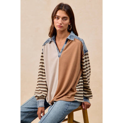 CUT EDGE CHECKER DENIM WAFFLE MIX AND MATCH TOP: OATMEAL/LATTE / L