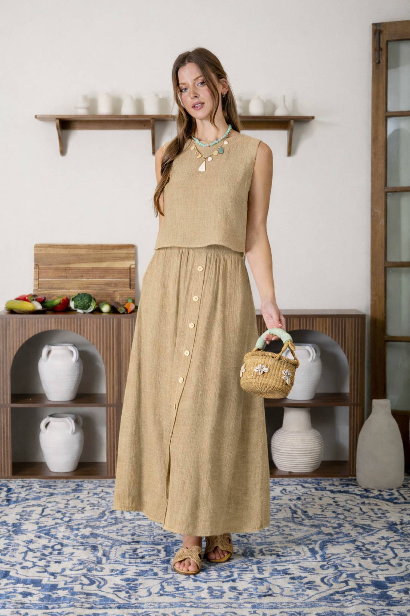 TEXTURED FRONT BUTTON DETAIL MIDI SKIRT
