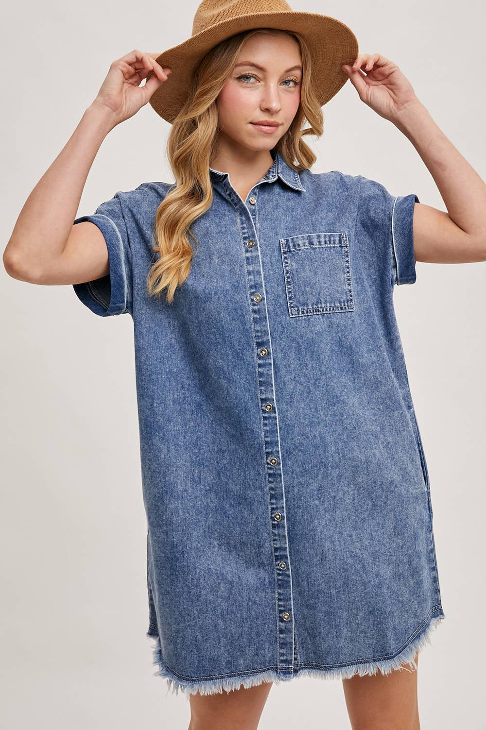 FRAYED HEM DENIM SHIRT DRESS