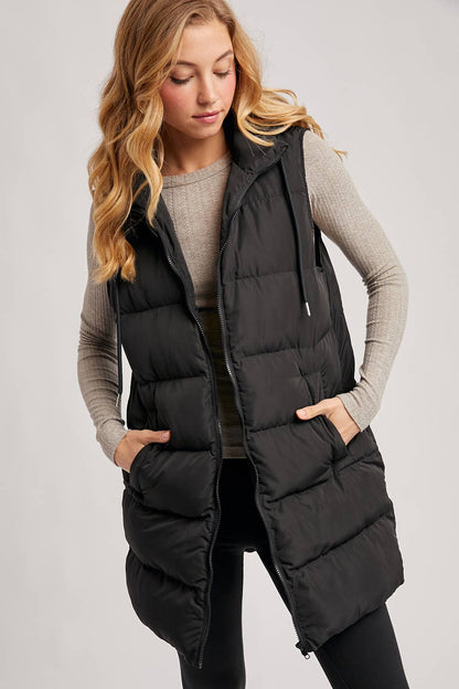 BLACK OR BEIGE HOODED ZIPPER DOWN LONGLINE PUFFER VEST